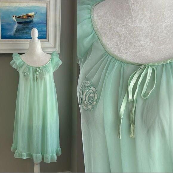Vtg Gossard Artemis Green Floral Chiffon Nightgown - Picture 1 of 12